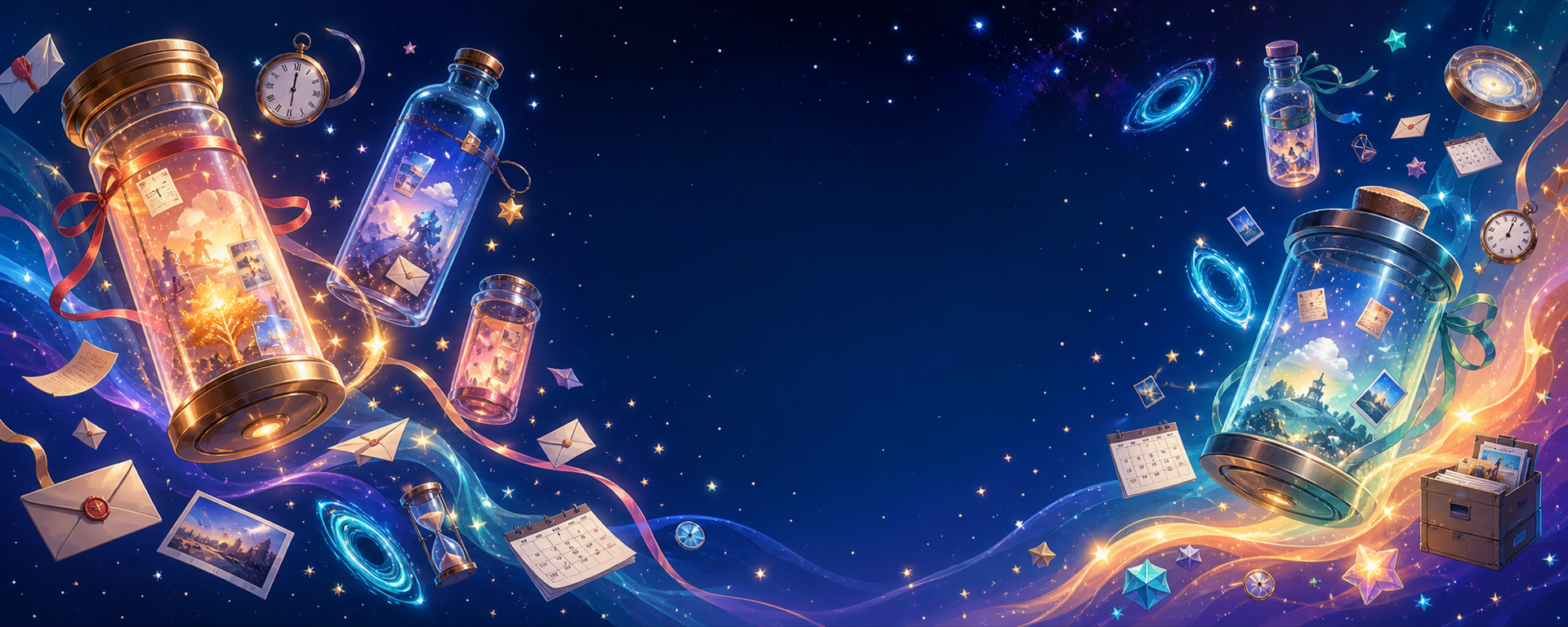 Time Capsule banner showing glowing capsules across a starry timeline
