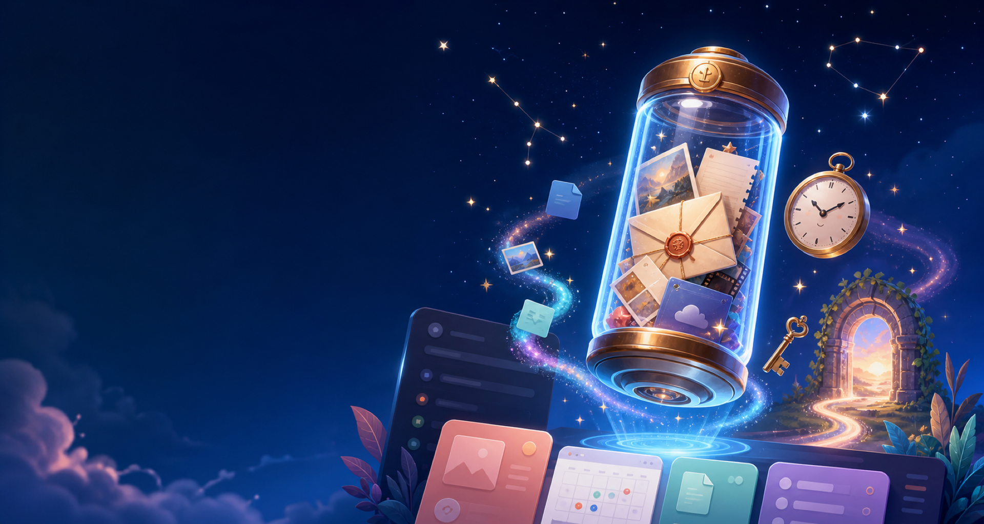 A glowing time capsule with notes, files, stars, clocks, and calendar sparks