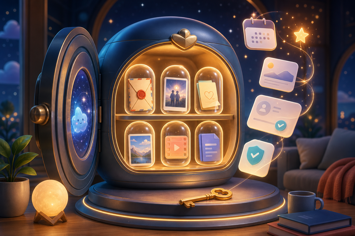 A warm glowing memory vault with safe capsules, files, and calendar sparks